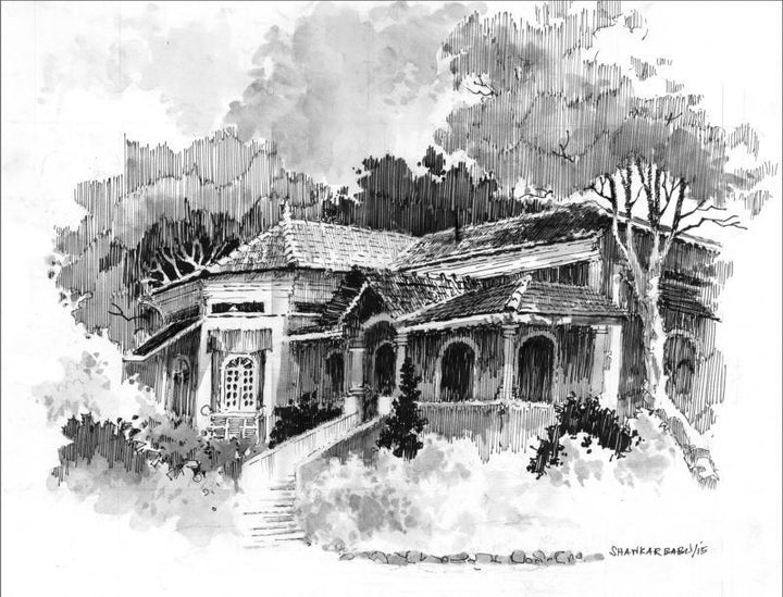 Scenic pen drawing titled 'Bungalow', 11x14 inches, by artist Sankara Babu on Paper