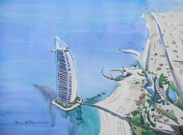 Cityscape watercolor painting titled 'Burj Al Arab Dubai', 22x30 inches, by artist Bipul Roy on Fabriano Paper