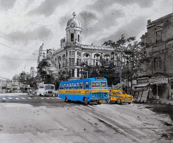 Cityscape acrylic painting titled 'Bus', 20x24 inches, by artist Amlan Dutta on Canvas