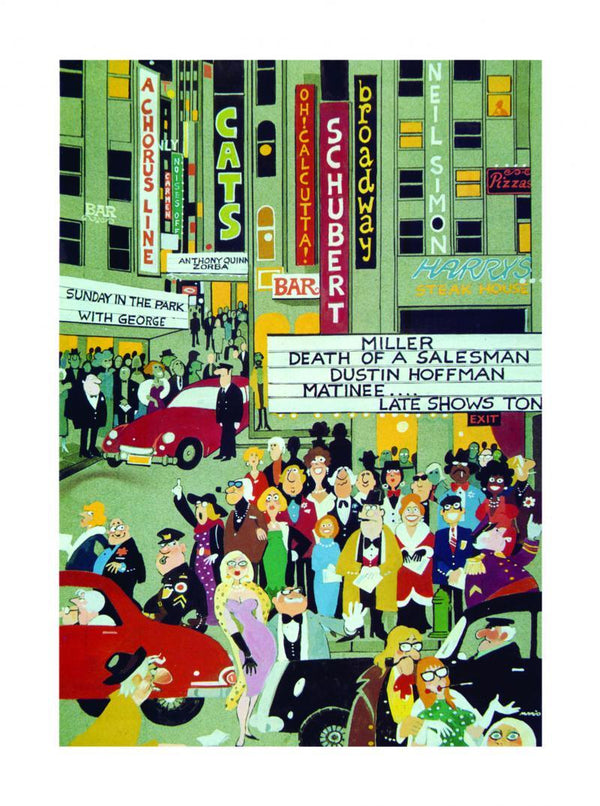 Figurative pen ink painting titled 'Bustling Broadway', 29x21 inches, by artist Mario Miranda on Paper