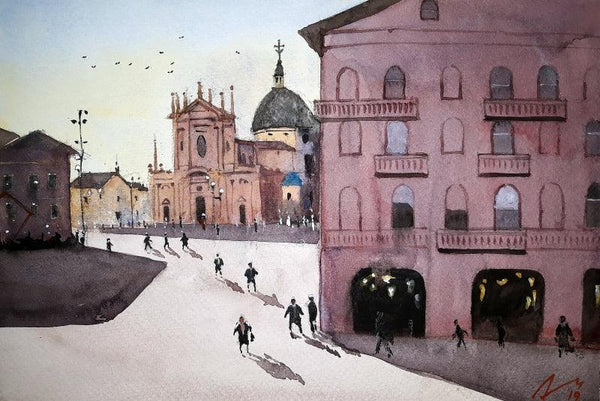 Cityscape watercolor painting titled 'Busto Arsizio Italy', 8x11 inches, by artist Arunava Ray on Paper