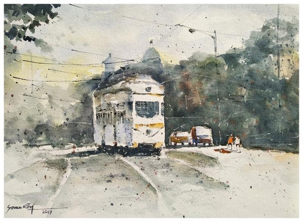 Cityscape watercolor painting titled 'Busy Kolkata 1', 14x10 inches, by artist Soven Roy on Handmade Paper