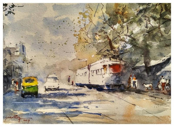 Cityscape watercolor painting titled 'Busy Kolkata 2', 14x10 inches, by artist Soven Roy on Handmade Paper