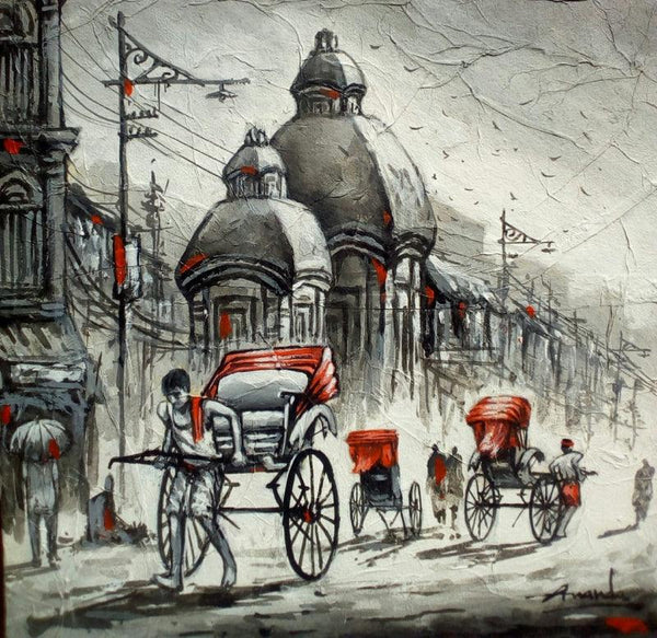 Cityscape acrylic painting titled 'Busy Kolkata', 12x12 inches, by artist Ananda Das on Canvas