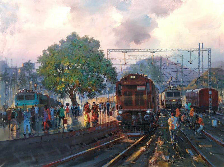 Cityscape acrylic painting titled 'Busy Platform', 36x48 inches, by artist Bijay Biswaal on Linen