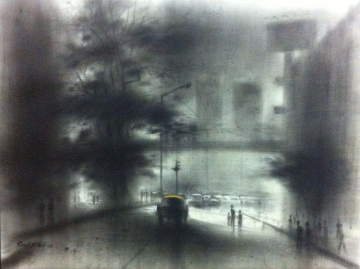 Cityscape charcoal drawing titled 'Busy Road', 18x24 inches, by artist Ravi Sthul on Canvas