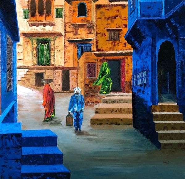 Cityscape oil painting titled 'Busy Street 3', 36x36 inches, by artist Anuja Sane on Canvas