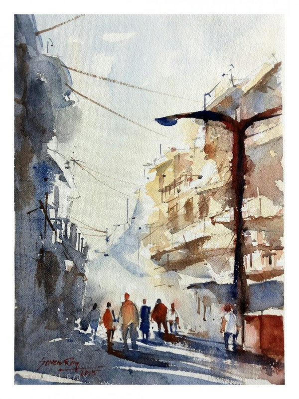 Cityscape watercolor painting titled 'Busy street Pune', 14x10 inches, by artist Soven Roy on Paper