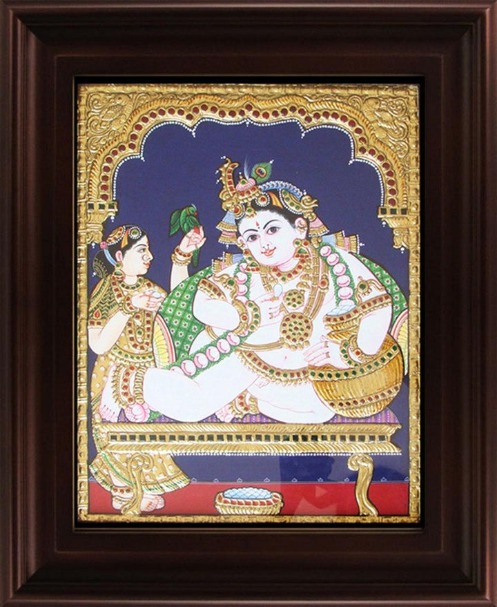 Religious tanjore traditional art titled 'Butter Krishna Tanjore Painting', 24x18 inches, by artist Myangadi Tanjore on Plywood