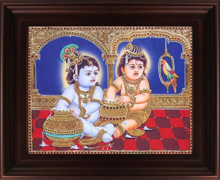 Religious tanjore traditional art titled 'Butter Krishna with Balaram Tanjore', 24x18 inches, by artist Myangadi Tanjore on Plywood