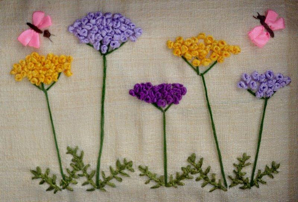 Nature mixed media titled 'Butterflies In A Yarrow Garden', 8x6 inches, by artist Mohna Paranjape on Cloth