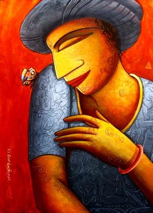 Figurative acrylic painting titled 'Butterfly Lover', 12x18 inches, by artist Samir Sarkar on Paper