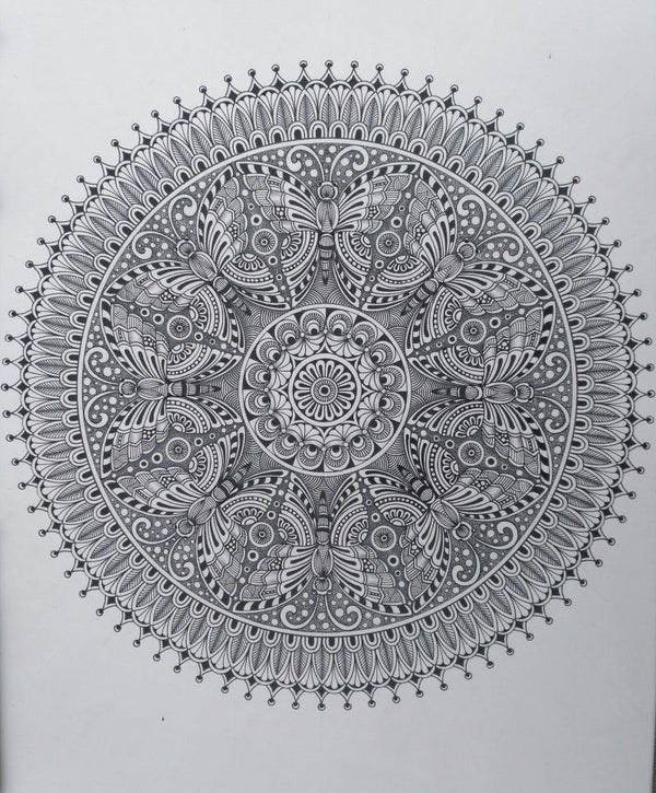 Animals pen ink drawing titled 'Butterfly Mandala', 16x12 inches, by artist V Pugalenthi on Paper