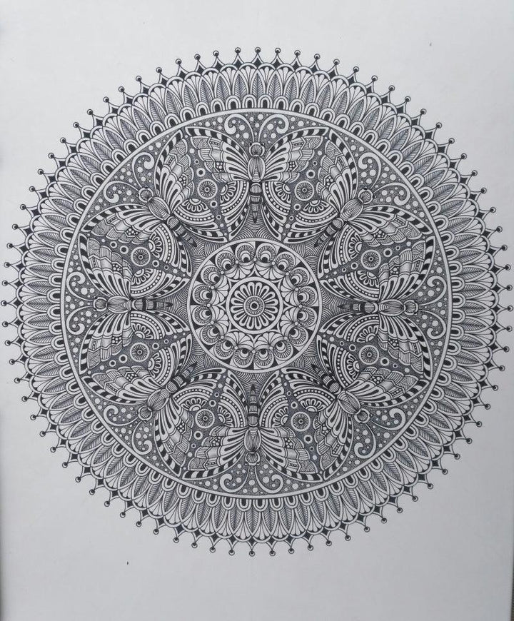 Animals pen ink drawing titled 'Butterfly Mandala', 16x12 inches, by artist V Pugalenthi on Paper