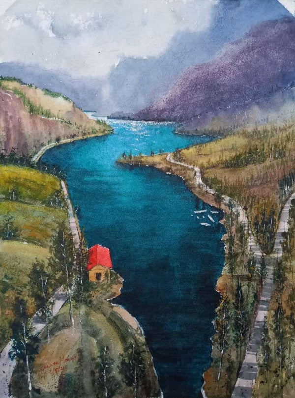 Landscape watercolor painting titled 'By the Lake', 12x15 inches, by artist Bhuwan Mahato on Paper