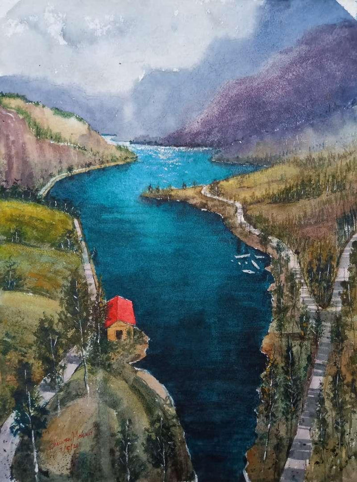 Landscape watercolor painting titled 'By the Lake', 12x15 inches, by artist Bhuwan Mahato on Paper