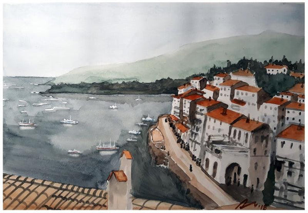 Cityscape watercolor painting titled 'Cadaques Spain 1', 7x11 inches, by artist Arunava Ray on Paper