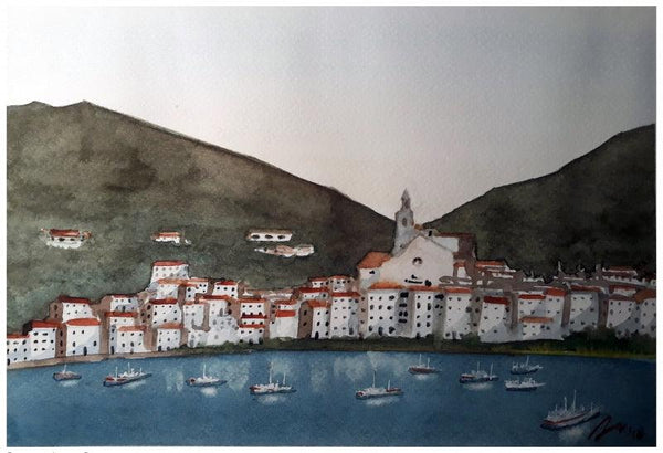 Cityscape watercolor painting titled 'Cadaques Spain 2', 7x11 inches, by artist Arunava Ray on Paper