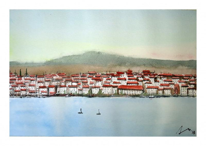 Cityscape watercolor painting titled 'Cadaques Spain', 7x11 inches, by artist Arunava Ray on Paper