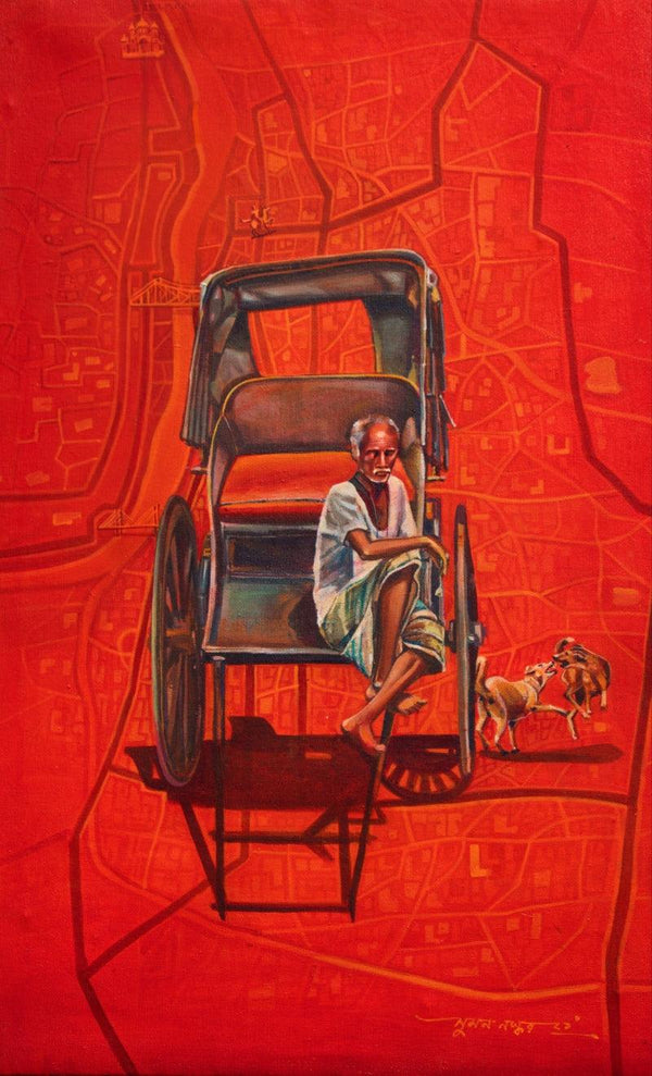 Figurative acrylic painting titled 'Calcutta Carrier', 24x18 inches, by artist Sumon Naskar on Canvas