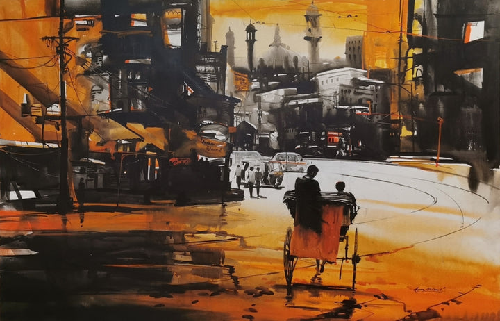 Cityscape acrylic painting titled 'Calcutta Street 2', 48x72 inch, by artist Arpan Bhowmik on Canvas