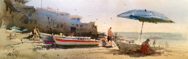 Landscape watercolor painting titled 'Calella beach Spain', 22x15 inches, by artist Vikrant Shitole on Paper