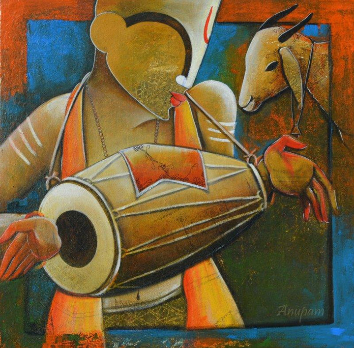 Music mixed media painting titled 'Calling Melodies', 24x24 inches, by artist Anupam Pal on canvas