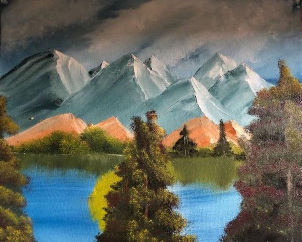 Landscape oil painting titled 'Calm mountains', 12x16 inches, by artist Anu Dhimaan on canvas