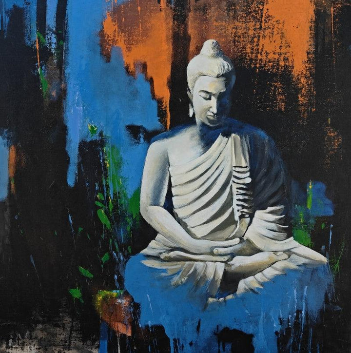 Religious acrylic painting titled 'Calmness', 24x24 inches, by artist Ravindra Mahale on Canvas