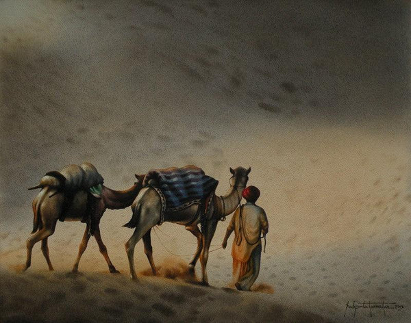 Figurative watercolor painting titled 'Camael Safari 3 Rajasthan Series Size', 22x27 inches, by artist Sudipta Karmakar on Paper