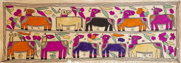 Folk Art madhubani traditional art titled 'Camel Caravan', 9x23 inches, by artist Yamuna Devi on Handmade Paper