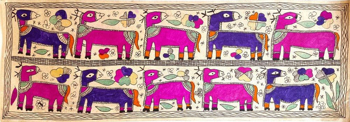 Folk Art madhubani traditional art titled 'Camel Town', 8x23 inches, by artist Yamuna Devi on Handmade Paper