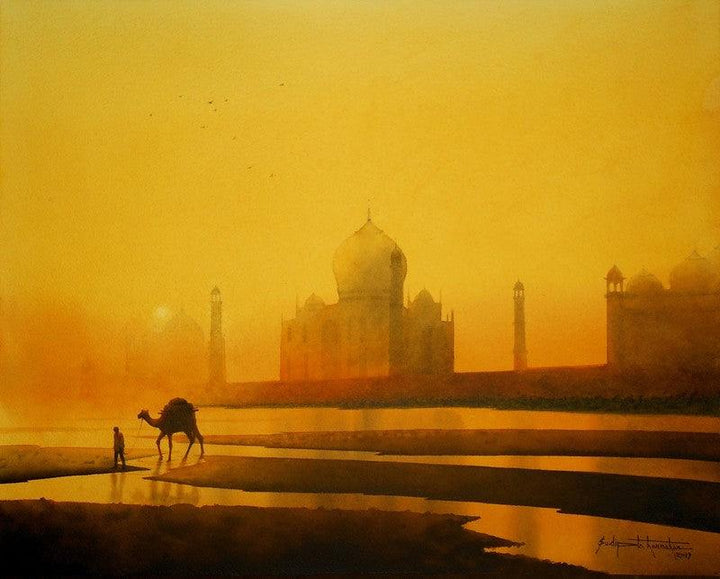 Realistic watercolor painting titled 'Camel With Taj', 18x23 inches, by artist Sudipta Karmakar on Paper