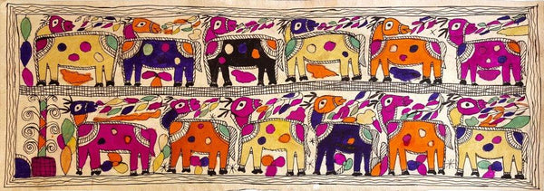 Folk Art madhubani traditional art titled 'Camels In The Hot Sun', 8x23 inches, by artist Yamuna Devi on Handmade Paper