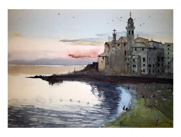 Cityscape watercolor painting titled 'Camogli Italy', 7x11 inches, by artist Arunava Ray on Paper