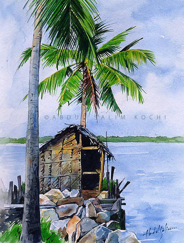 Seascape watercolor painting titled 'Canal View', 16x10 inches, by artist Abdul Salim on Paper