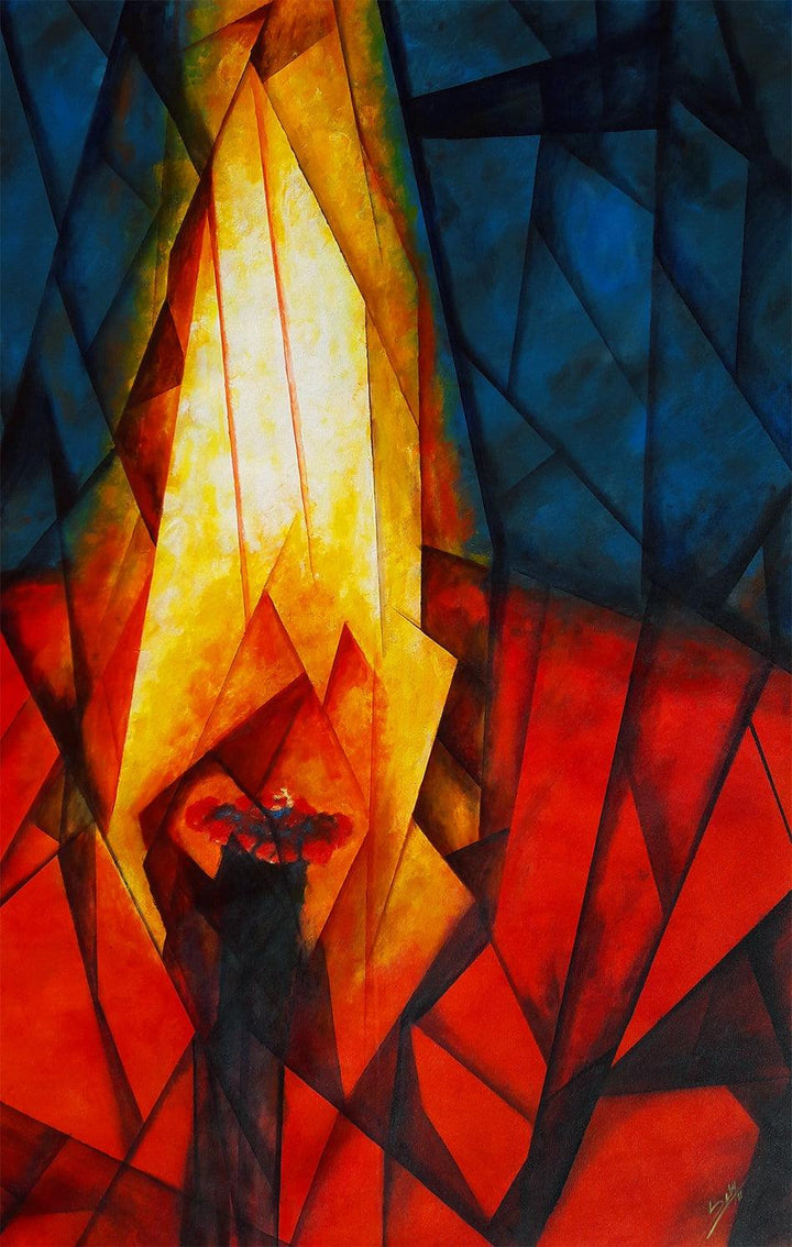 Abstract acrylic painting titled 'Candle', 57x36 inches, by artist Seby Augustine on Canvas