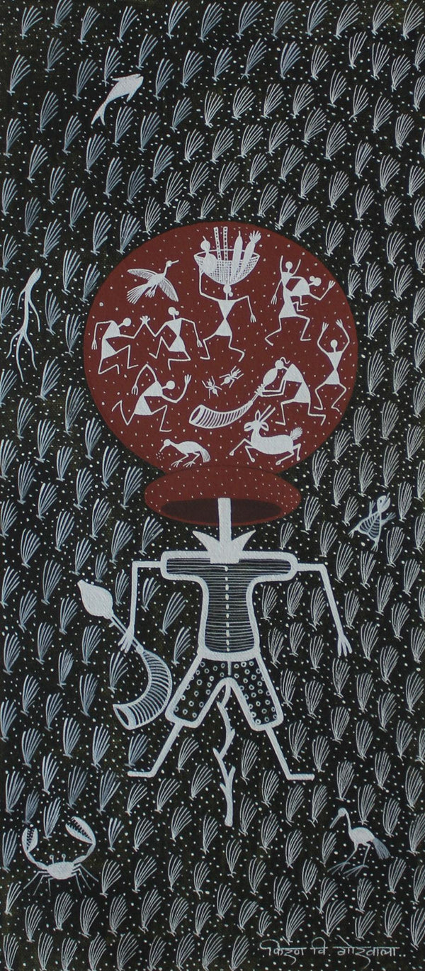 Figurative warli traditional art titled 'Caretaker', 19x9 inches, by artist Kiran Gorwala on Canvas