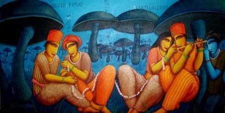 Figurative acrylic painting titled 'Caring', 36x72 inches, by artist Samir Sarkar on Canvas