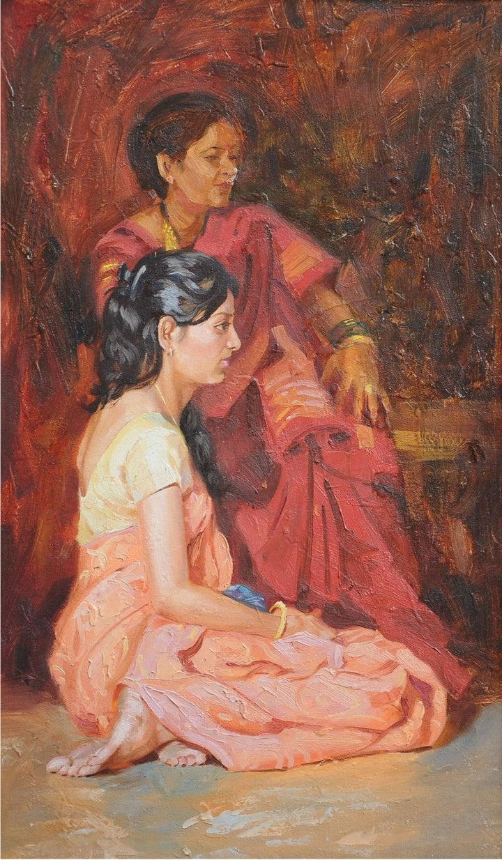 Figurative oil painting titled 'Caring Mother', 30x18 inches, by artist Swapnil Patil on Canvas