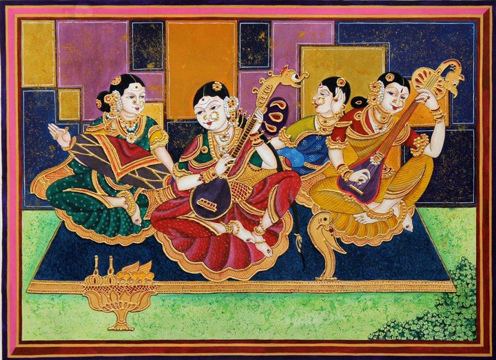 Music mixed media painting titled 'Carnatic classical musicians', 16x22 inches, by artist Radhika Ulluru on Paper