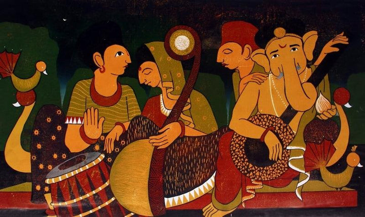 Religious printmaking titled 'Carnival', 20x35 inches, by artist Madhav Joshi on Paper