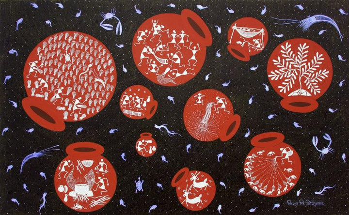 Figurative warli traditional art titled 'Carried Away By The Flood', 16x24 inches, by artist Kiran Gorwala on Canvas