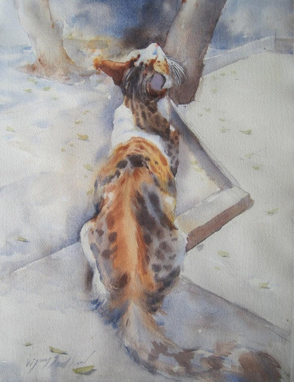 Animals watercolor painting titled 'Cat 2', 12x16 inches, by artist Vijay Jadhav on Paper