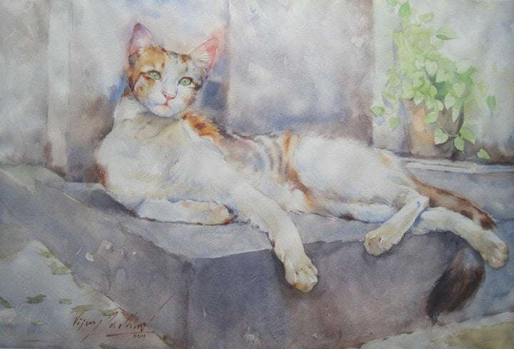 Animals watercolor painting titled 'Cat 3', 14x21 inches, by artist Vijay Jadhav on Paper