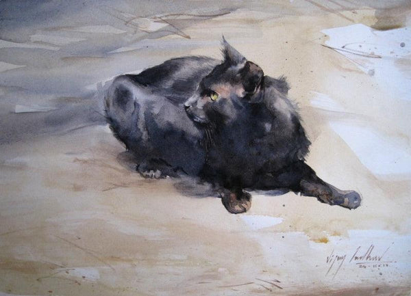 Animals watercolor painting titled 'Cat 4', 12x16 inches, by artist Vijay Jadhav on Paper