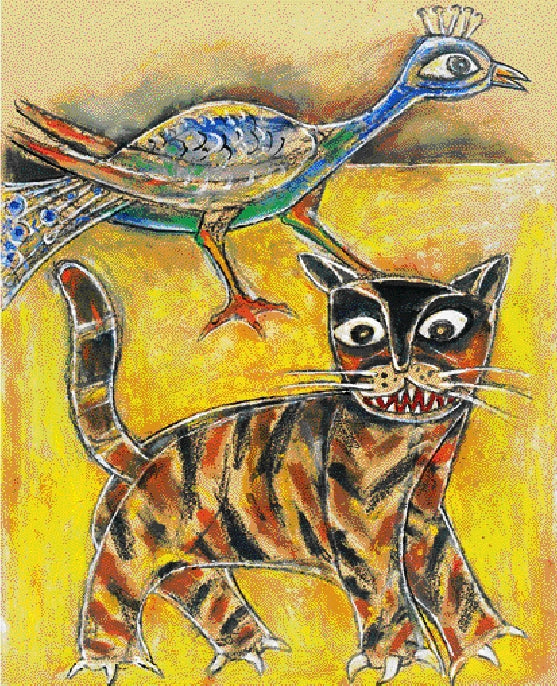 Animals serigraphs painting titled 'Cat Peacock', 30x22 inch, by artist Paritosh Sen on Paper