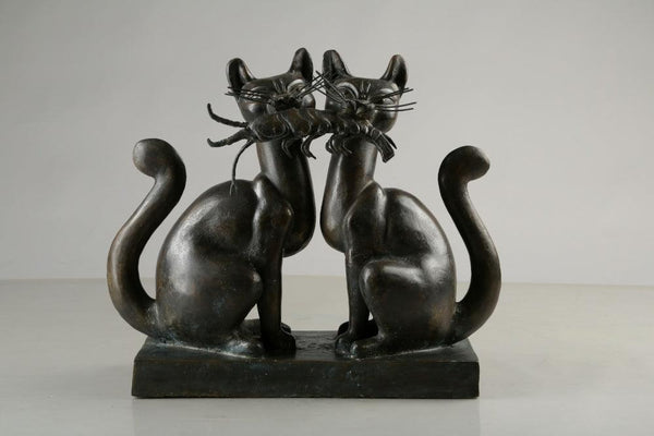 Animals sculpture titled 'Cat With Fish', 19x20x8 inches, by artist Tapas Sarkar on Bronze