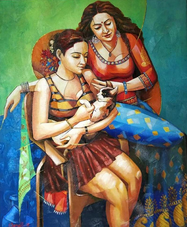 Figurative acrylic painting titled 'Cat With Girl', 36x30 inches, by artist Tamali Das on Canvas