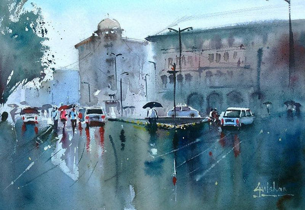 Cityscape watercolor painting titled 'Catching The Last Shower', 18x13 inches, by artist Gulshan Achari on Paper